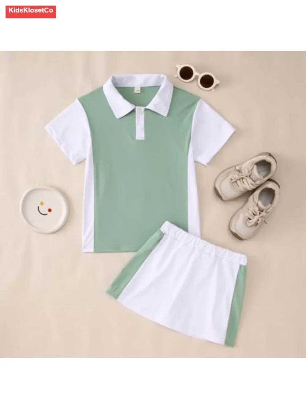 Girls Tennis Dress Golf Outfit Short Sleeve Polo Shirt & Skorts Set Athletic